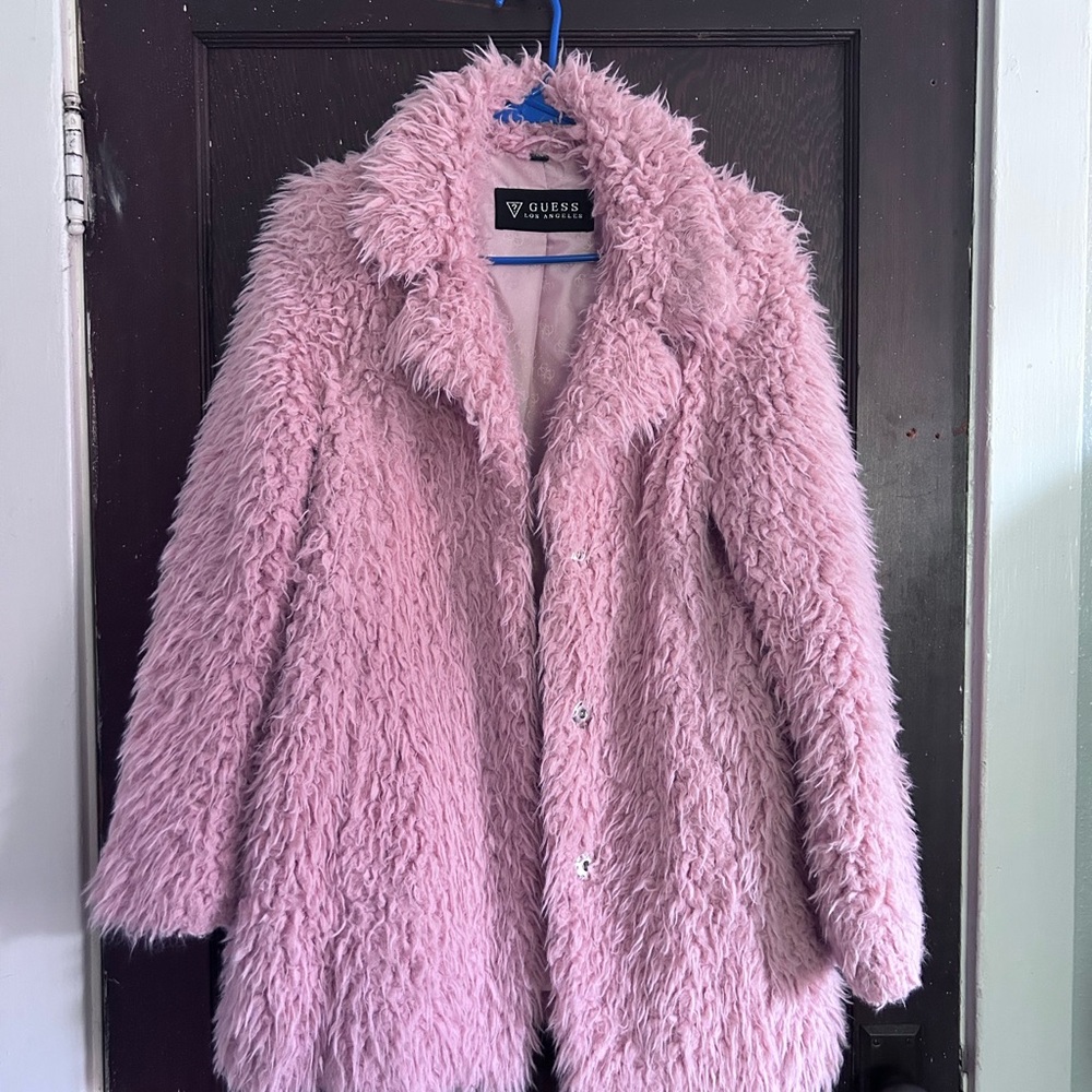 Guess Pink Teddy Jacket Plush Oversized Fit